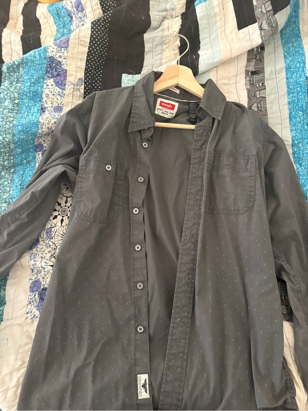 Wrangler Gray button up shirt with Red Logo Patch